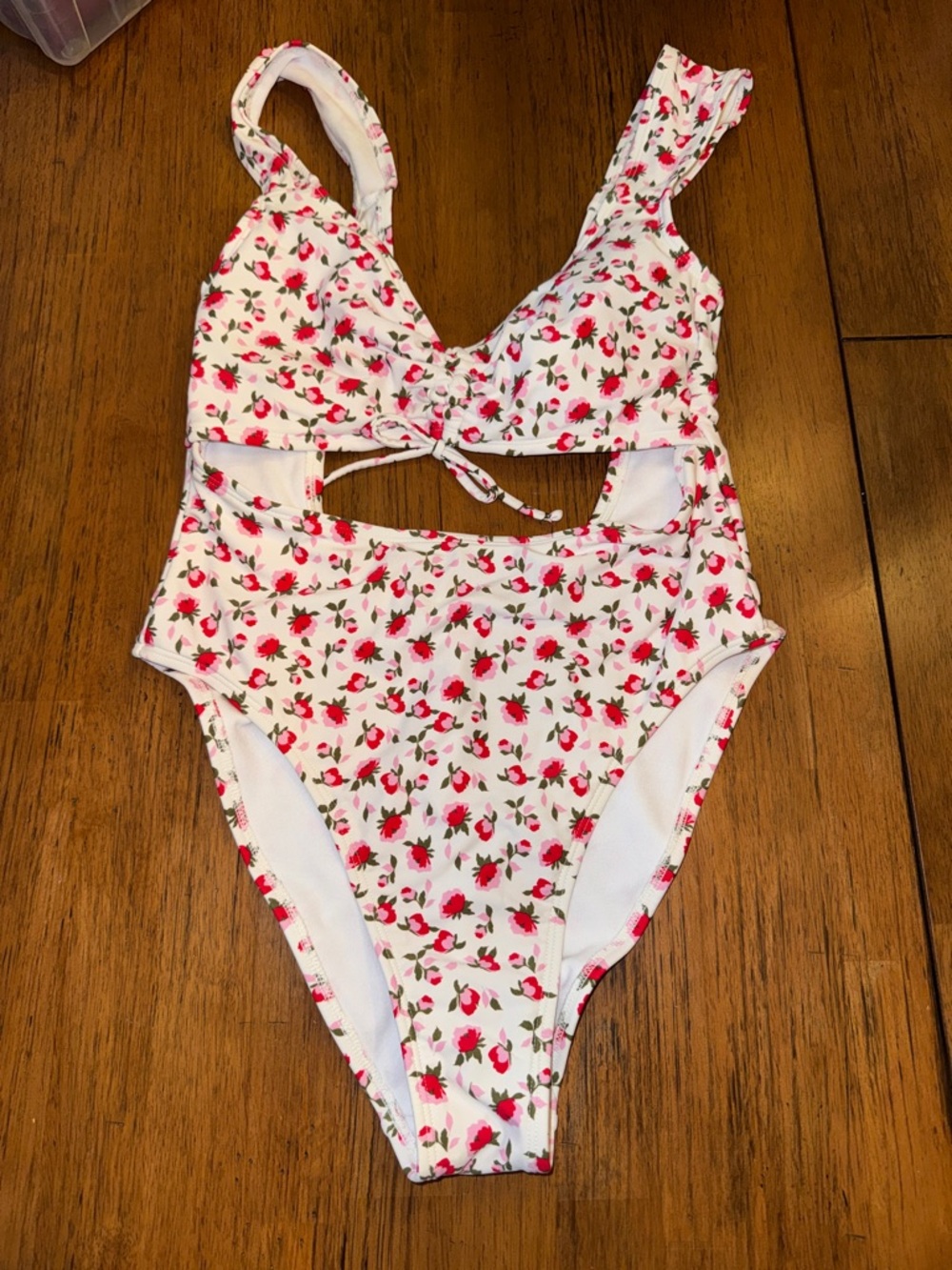Xhilaration White One-Piece Swimsuit with Pink Rose Print and Waist Cutout